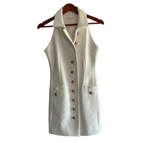 Cream Sheath Mini Dress with Notched Collar - Picture 4 of 8